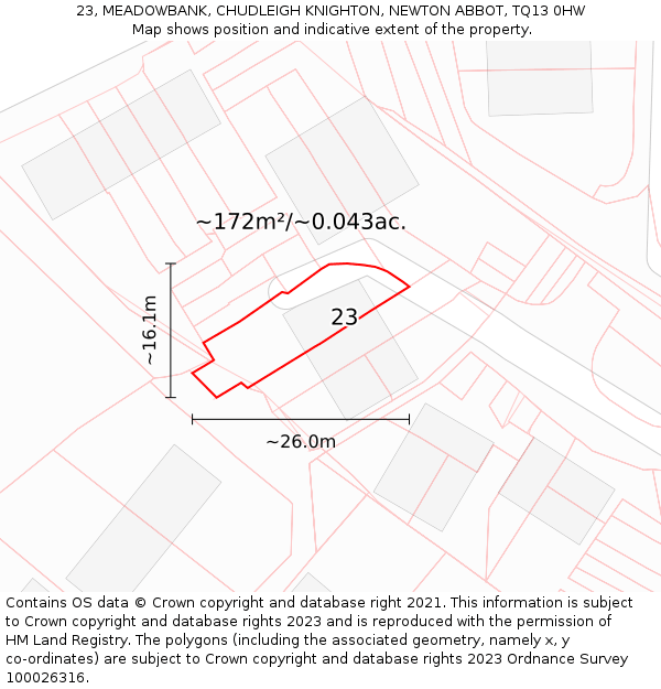 23, MEADOWBANK, CHUDLEIGH KNIGHTON, NEWTON ABBOT, TQ13 0HW: Plot and title map
