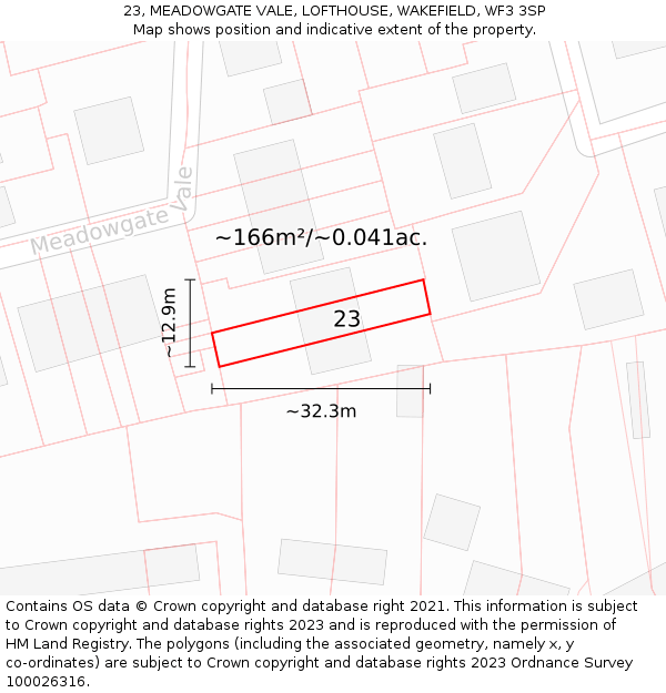 23, MEADOWGATE VALE, LOFTHOUSE, WAKEFIELD, WF3 3SP: Plot and title map