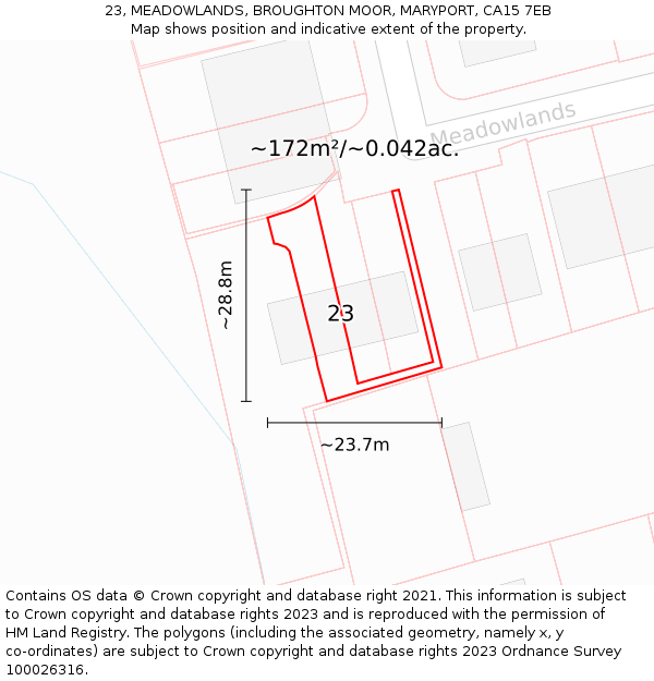 23, MEADOWLANDS, BROUGHTON MOOR, MARYPORT, CA15 7EB: Plot and title map