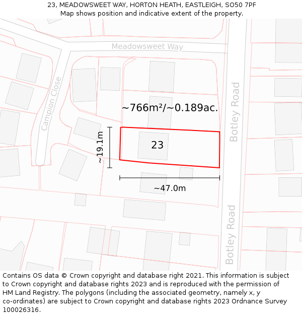 23, MEADOWSWEET WAY, HORTON HEATH, EASTLEIGH, SO50 7PF: Plot and title map