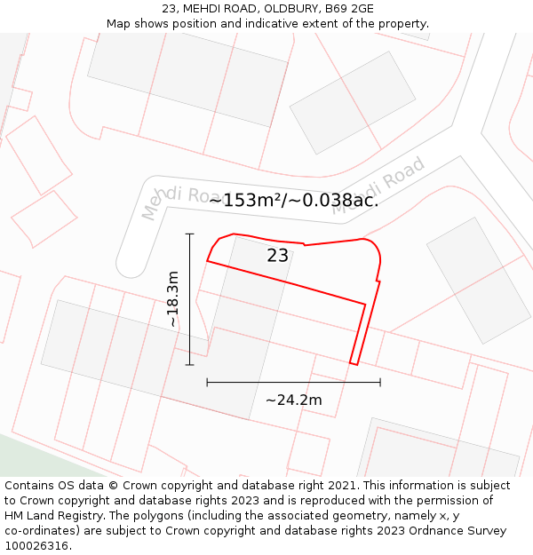 23, MEHDI ROAD, OLDBURY, B69 2GE: Plot and title map