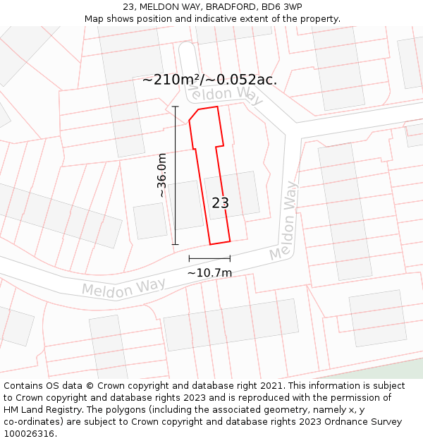 23, MELDON WAY, BRADFORD, BD6 3WP: Plot and title map