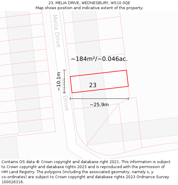 23, MELIA DRIVE, WEDNESBURY, WS10 0QE: Plot and title map