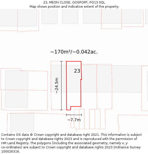 23, MEON CLOSE, GOSPORT, PO13 0QL: Plot and title map