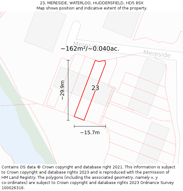 23, MERESIDE, WATERLOO, HUDDERSFIELD, HD5 8SX: Plot and title map