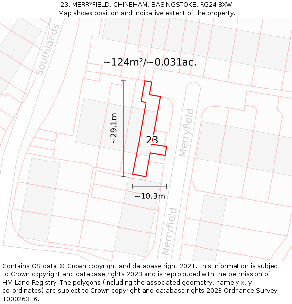 23, MERRYFIELD, CHINEHAM, BASINGSTOKE, RG24 8XW: Plot and title map