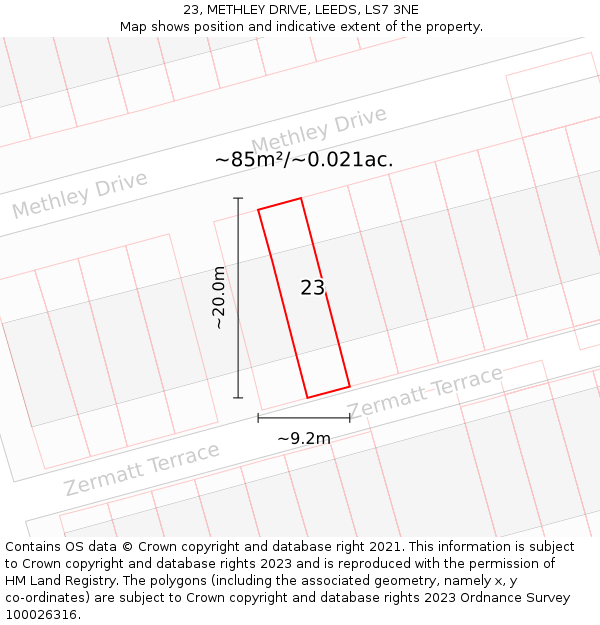 23, METHLEY DRIVE, LEEDS, LS7 3NE: Plot and title map