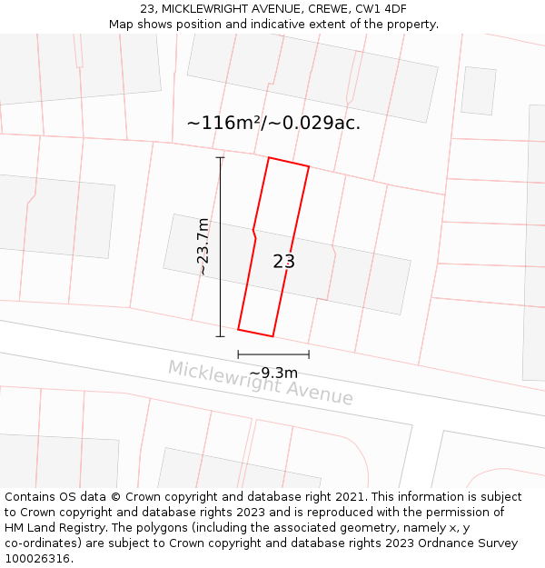 23, MICKLEWRIGHT AVENUE, CREWE, CW1 4DF: Plot and title map