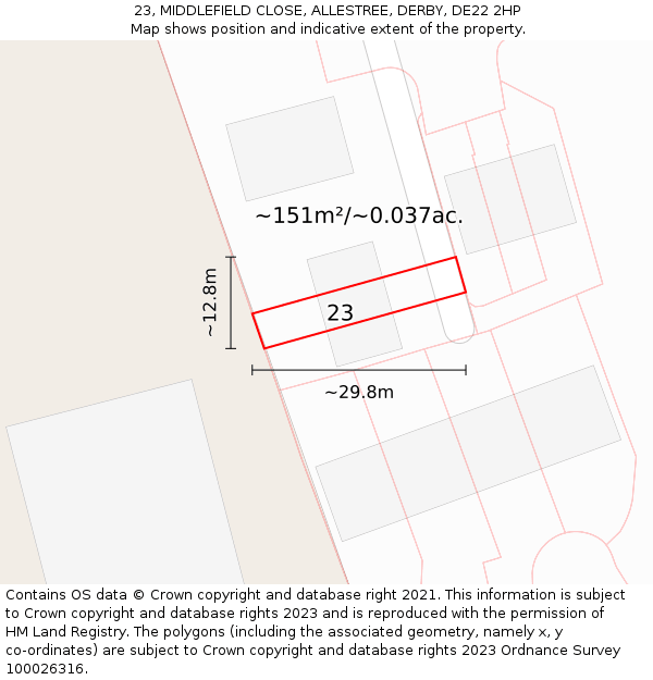 23, MIDDLEFIELD CLOSE, ALLESTREE, DERBY, DE22 2HP: Plot and title map