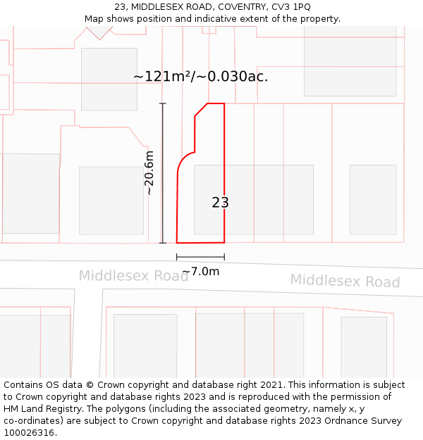 23, MIDDLESEX ROAD, COVENTRY, CV3 1PQ: Plot and title map
