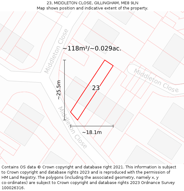 23, MIDDLETON CLOSE, GILLINGHAM, ME8 9LN: Plot and title map