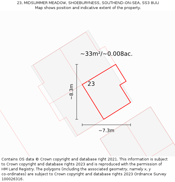 23, MIDSUMMER MEADOW, SHOEBURYNESS, SOUTHEND-ON-SEA, SS3 8UU: Plot and title map