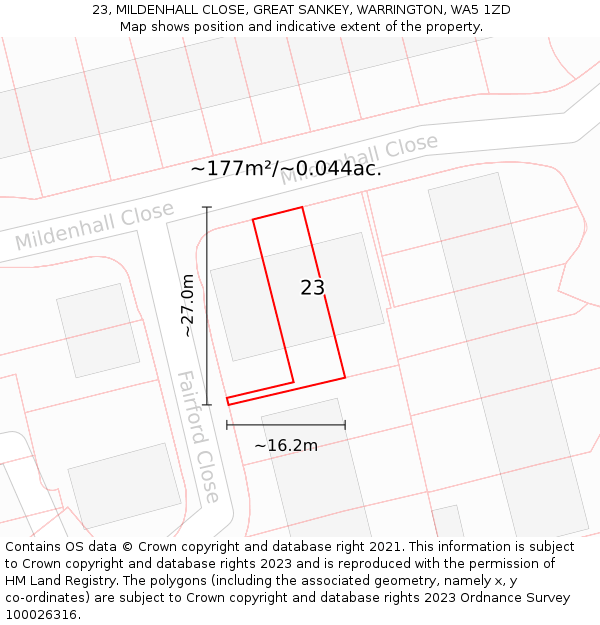 23, MILDENHALL CLOSE, GREAT SANKEY, WARRINGTON, WA5 1ZD: Plot and title map