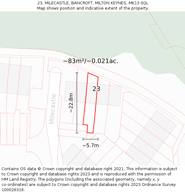 23, MILECASTLE, BANCROFT, MILTON KEYNES, MK13 0QL: Plot and title map