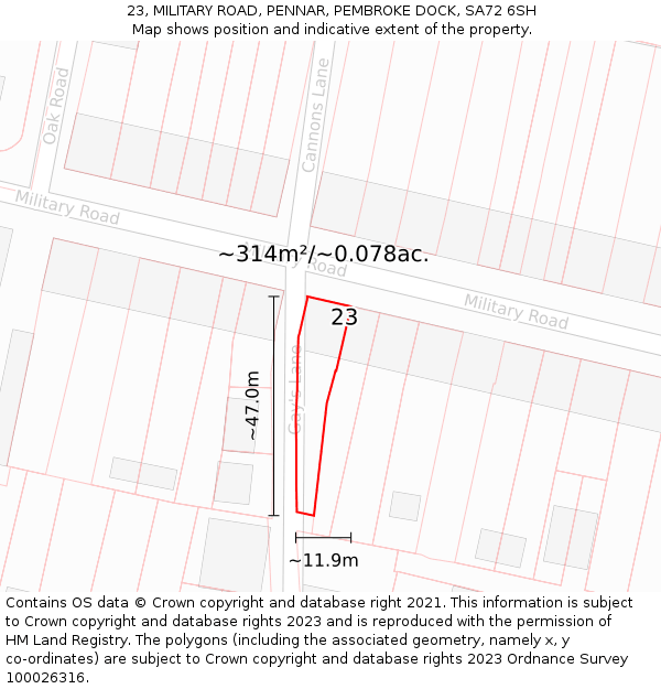 23, MILITARY ROAD, PENNAR, PEMBROKE DOCK, SA72 6SH: Plot and title map