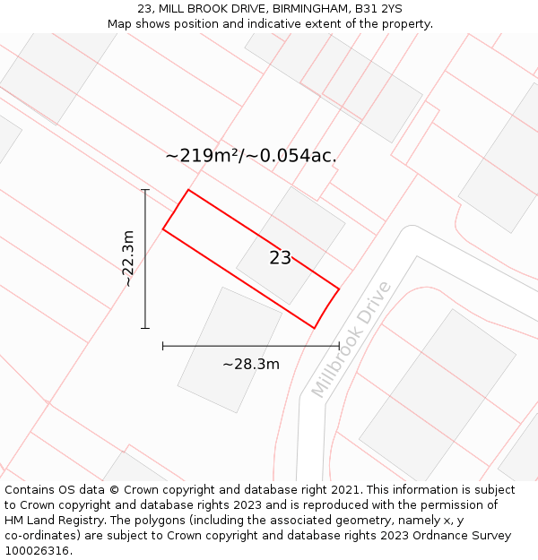 23, MILL BROOK DRIVE, BIRMINGHAM, B31 2YS: Plot and title map