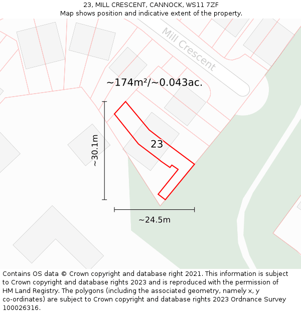 23, MILL CRESCENT, CANNOCK, WS11 7ZF: Plot and title map
