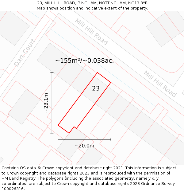 23, MILL HILL ROAD, BINGHAM, NOTTINGHAM, NG13 8YR: Plot and title map