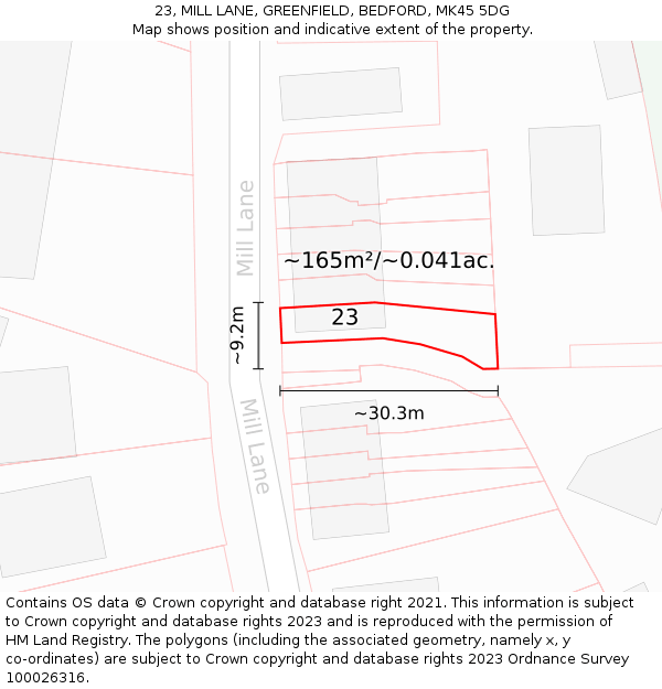 23, MILL LANE, GREENFIELD, BEDFORD, MK45 5DG: Plot and title map
