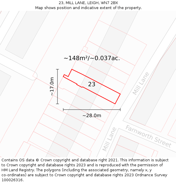 23, MILL LANE, LEIGH, WN7 2BX: Plot and title map