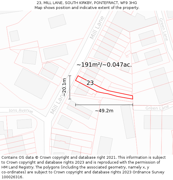 23, MILL LANE, SOUTH KIRKBY, PONTEFRACT, WF9 3HG: Plot and title map