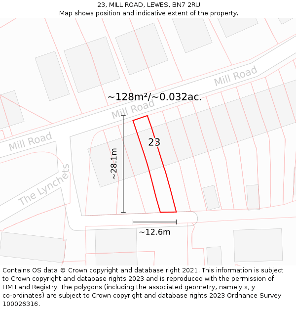 23, MILL ROAD, LEWES, BN7 2RU: Plot and title map