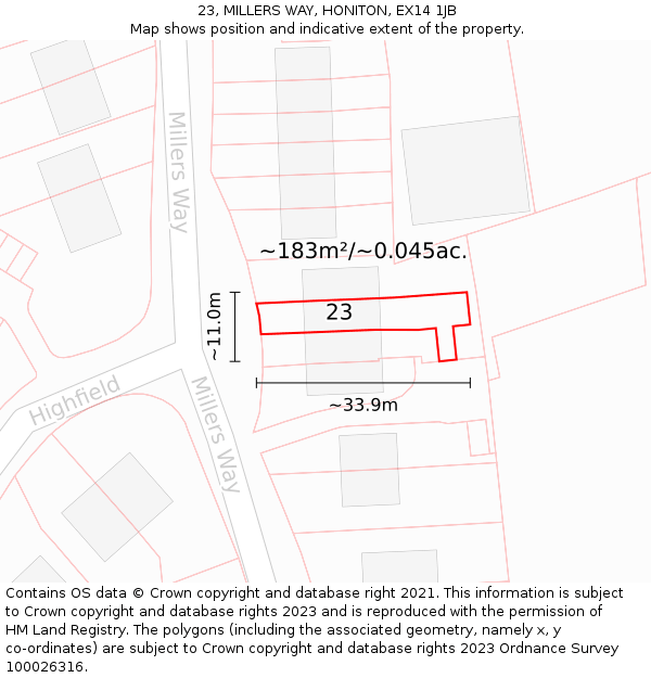 23, MILLERS WAY, HONITON, EX14 1JB: Plot and title map