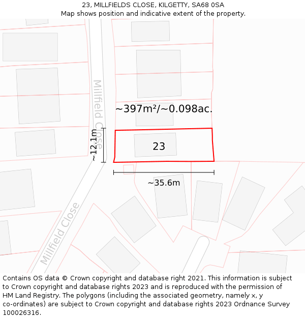 23, MILLFIELDS CLOSE, KILGETTY, SA68 0SA: Plot and title map