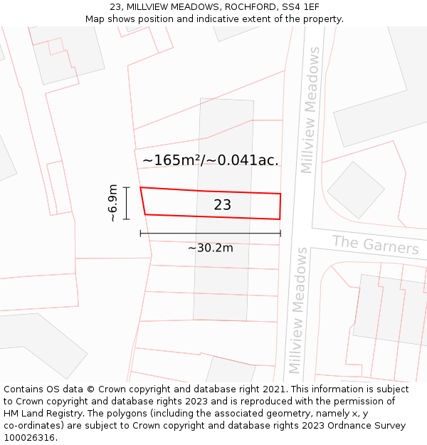 23, MILLVIEW MEADOWS, ROCHFORD, SS4 1EF: Plot and title map