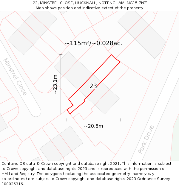 23, MINSTREL CLOSE, HUCKNALL, NOTTINGHAM, NG15 7NZ: Plot and title map