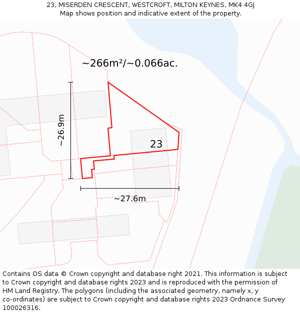 23, MISERDEN CRESCENT, WESTCROFT, MILTON KEYNES, MK4 4GJ: Plot and title map