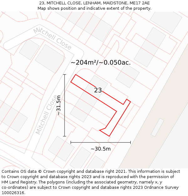 23, MITCHELL CLOSE, LENHAM, MAIDSTONE, ME17 2AE: Plot and title map