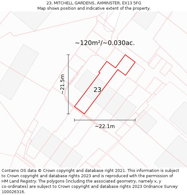 23, MITCHELL GARDENS, AXMINSTER, EX13 5FG: Plot and title map