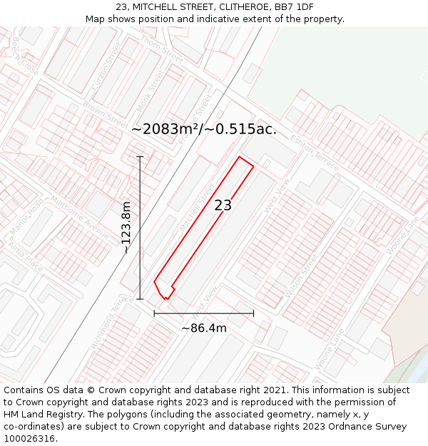 23, MITCHELL STREET, CLITHEROE, BB7 1DF: Plot and title map