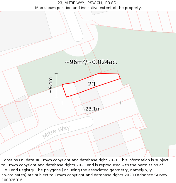 23, MITRE WAY, IPSWICH, IP3 8DH: Plot and title map