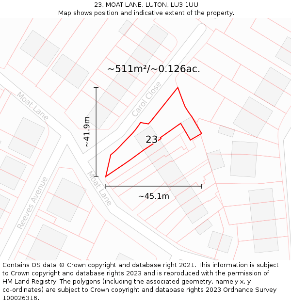 23, MOAT LANE, LUTON, LU3 1UU: Plot and title map