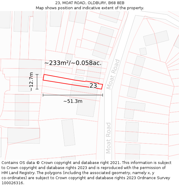 23, MOAT ROAD, OLDBURY, B68 8EB: Plot and title map
