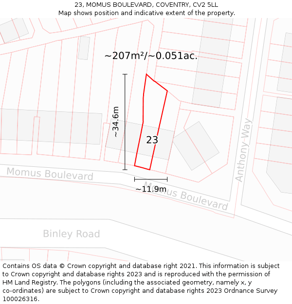 23, MOMUS BOULEVARD, COVENTRY, CV2 5LL: Plot and title map