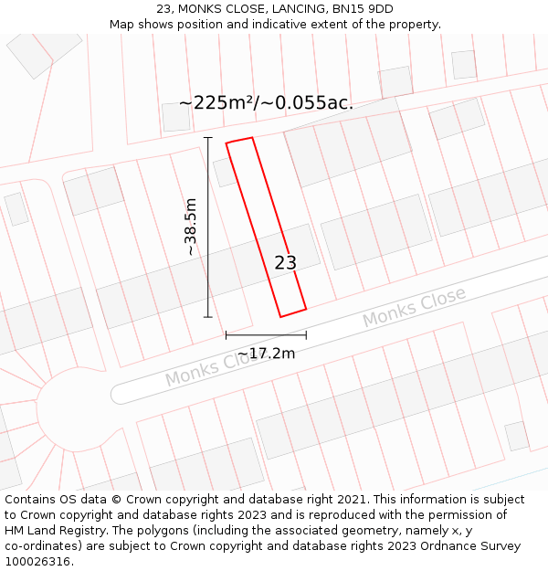 23, MONKS CLOSE, LANCING, BN15 9DD: Plot and title map