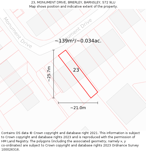 23, MONUMENT DRIVE, BRIERLEY, BARNSLEY, S72 9LU: Plot and title map