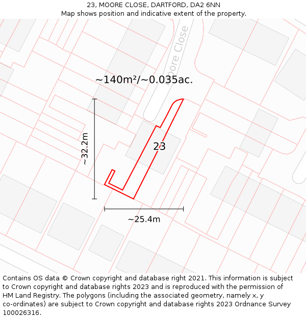 23, MOORE CLOSE, DARTFORD, DA2 6NN: Plot and title map