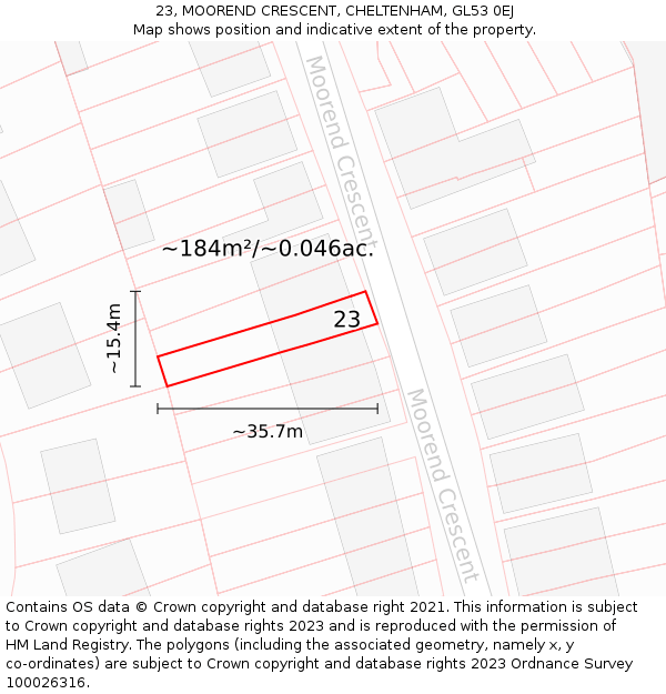 23, MOOREND CRESCENT, CHELTENHAM, GL53 0EJ: Plot and title map