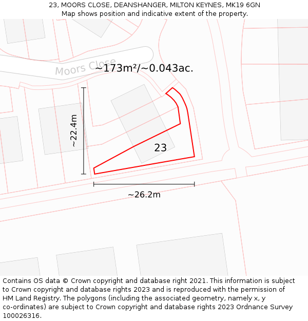 23, MOORS CLOSE, DEANSHANGER, MILTON KEYNES, MK19 6GN: Plot and title map