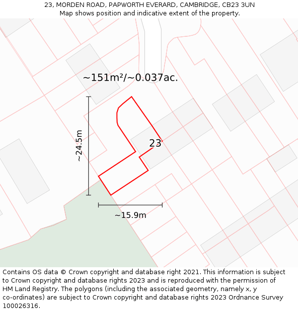 23, MORDEN ROAD, PAPWORTH EVERARD, CAMBRIDGE, CB23 3UN: Plot and title map