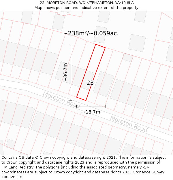 23, MORETON ROAD, WOLVERHAMPTON, WV10 8LA: Plot and title map