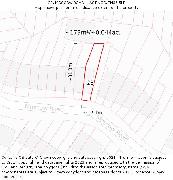 23, MOSCOW ROAD, HASTINGS, TN35 5LP: Plot and title map