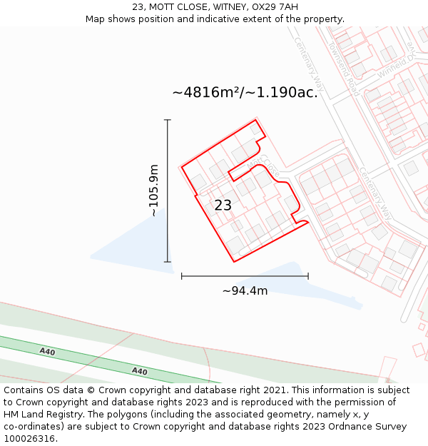 23, MOTT CLOSE, WITNEY, OX29 7AH: Plot and title map