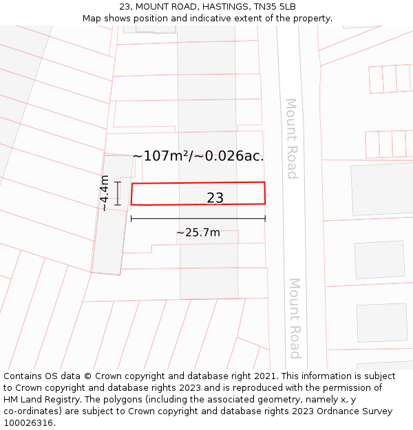 23, MOUNT ROAD, HASTINGS, TN35 5LB: Plot and title map
