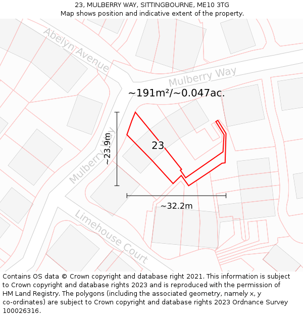 23, MULBERRY WAY, SITTINGBOURNE, ME10 3TG: Plot and title map