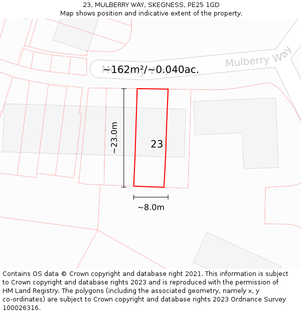 23, MULBERRY WAY, SKEGNESS, PE25 1GD: Plot and title map